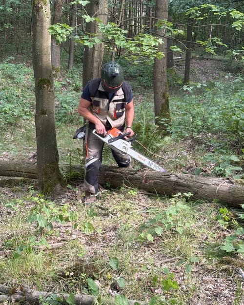 Tomáš Bouda při práci s motorovou pilou v lese